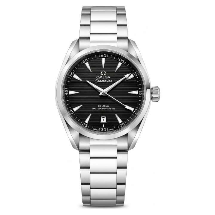 Omega Seamaster Aqua Terra 150M with a black teak dial and a stainless steel bracelet
