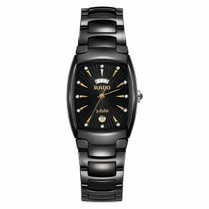 Rado Jubilé Black Ceramic Tonneau Watch with Gold & Diamond Accents
