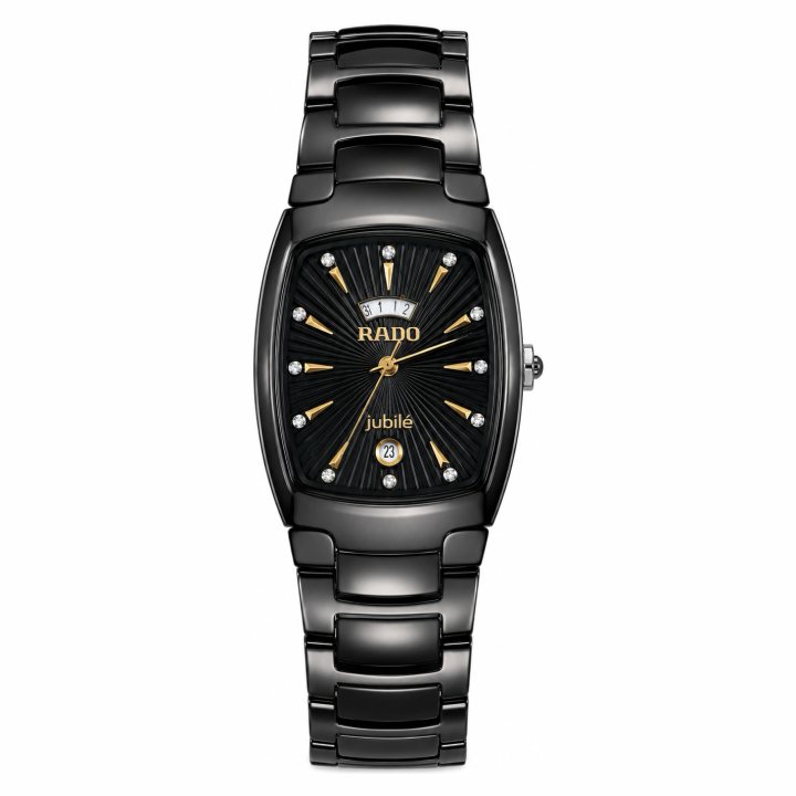 Rado Jubilé Black Ceramic Tonneau Watch with Gold & Diamond Accents